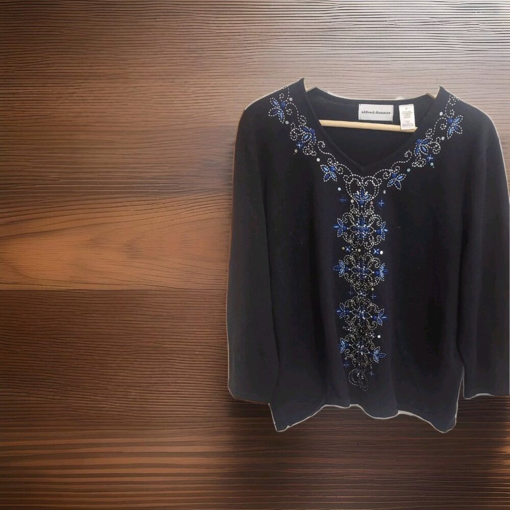 Alfred Dunner‎ Sweater Womens size XL Black Wool Blend Floral Embroidered